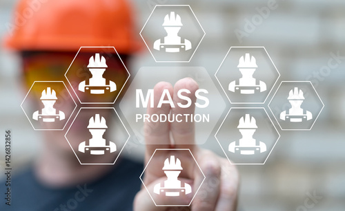 Obraz na płótnie Engineer using virtual touch screen sees text: MASS PRODUCTION. Mass Production Industry Optimization Business concept. Factory, efficiency, standard, innovation, automation, assembly line, tech. w salonie