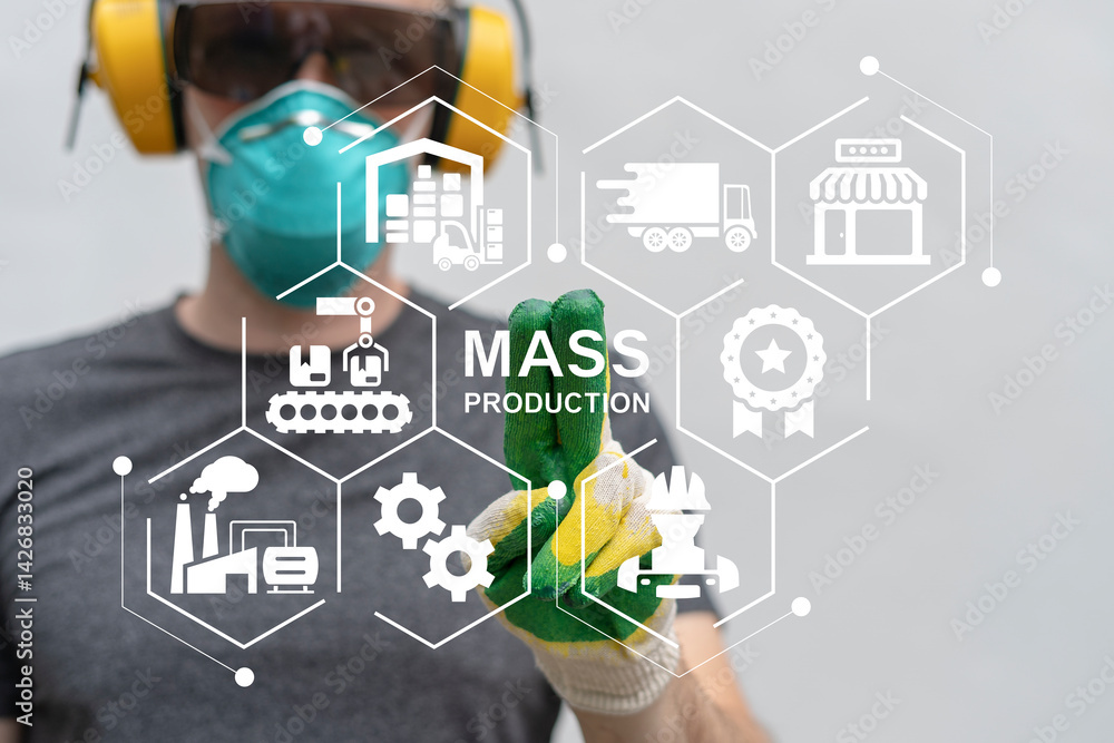 Mass Production Industry Optimization Business concept. Engineer using virtual touch screen sees text: MASS PRODUCTION. Factory, efficiency, standard, innovation, automation, assembly line, technology