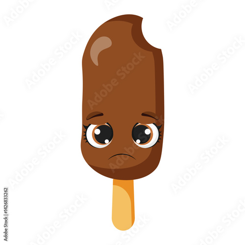 Chocolate ice cream bar with sad facial expression and bite mark, suitable for food designs, kids illustrations, summer party themes, menu decorations, dessert concepts