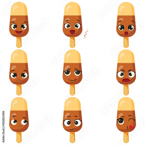 Nine caramel chocolate popsicle characters with different expressions Happy, surprised, sad, worried, angry, silly, neutral, and flirty ice cream emoticons 