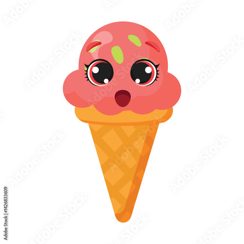 Surprised strawberry ice cream cone is perfect for food related designs, baby products, holiday decorations, summer themes and playful illustrations.