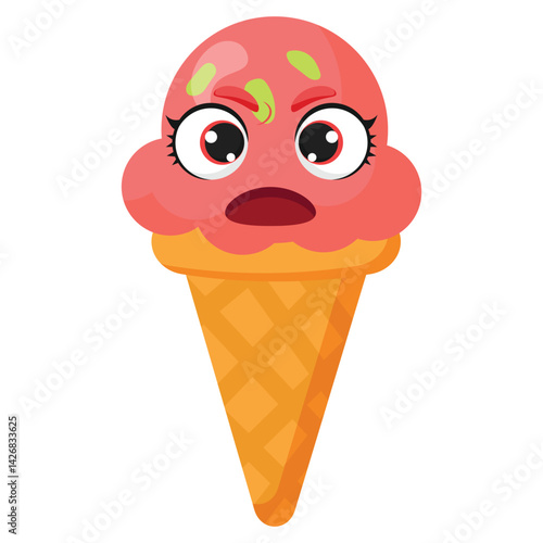 Angry strawberry ice cream cone is perfect for summer themes, emotional designs, playful decorations and food illustrations