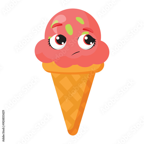 Sad pink ice cream cone with green topping is perfect for children's themes, emotional projects, summer designs, desserts and food illustrations