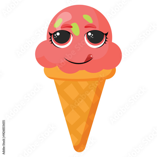 Smiling pink ice cream cone with green topping and adorable eyes is perfect for summer themes, dessert menus, baby products, greeting cards, posters and food related designs.