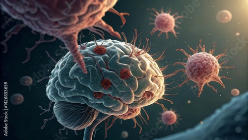 A detailed illustration of a brain with virus-like structures, highlighting the interaction between neural cells and pathogens.