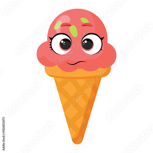 Cute pink ice cream cone with happy face and green sprinkles is perfect for summer designs, baby shower invitations, menu decorations, fun posters and dessert-themed projects.