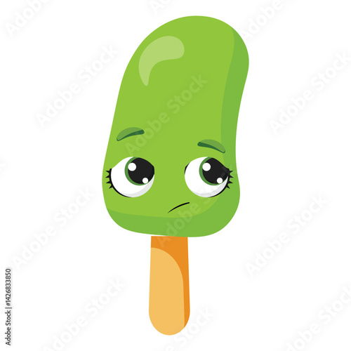 Pleading green ice cream character with hopeful eyes Begging frozen treat illustration Funny summer dessert graphic with imploring look Adorable green snack with raised eyebrows