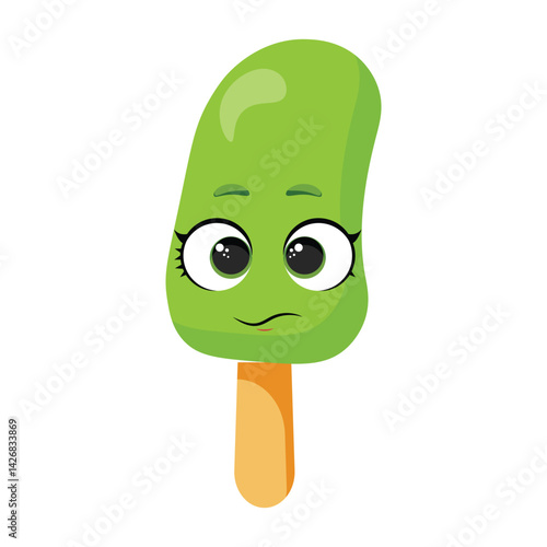 Neutral green ice cream character with straight mouth Calm frozen treat illustration Funny summer dessert graphic with unemotional face Adorable green snack with wide eyes