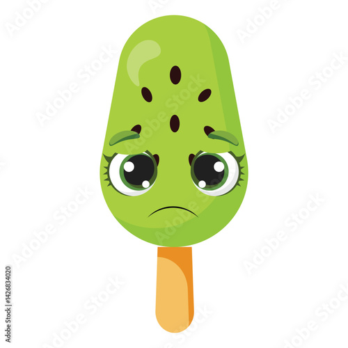 Sad kiwi flavored green ice cream character Unhappy fruit dessert illustration Funny summer snack graphic with frowning mouth Adorable green treat with tearful eyes
