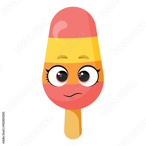 Neutral striped ice cream character with straight mouth Calm frozen treat illustration Funny summer dessert graphic with unemotional face 