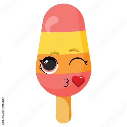 Flirty striped ice cream character with a wink Kissing frozen treat illustration Funny summer dessert graphic with a blowing kiss