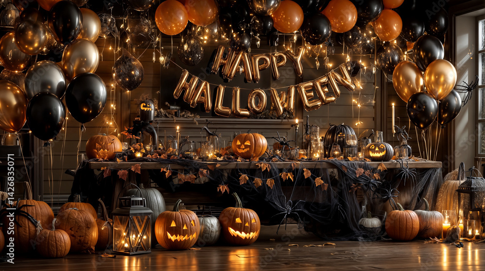 The image depicts a festive Halloween setting with a table adorned with jack-o'-lanterns, spider webs, and lit lanterns