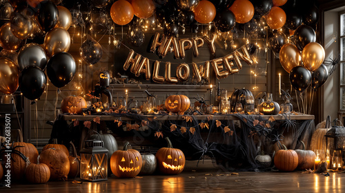 Obraz na płótnie The image depicts a festive Halloween setting with a table adorned with jack-o'-lanterns, spider webs, and lit lanterns w salonie
