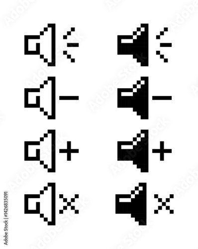 Set of pixelated speaker volume icons, speaker volume icons, pixel art.
