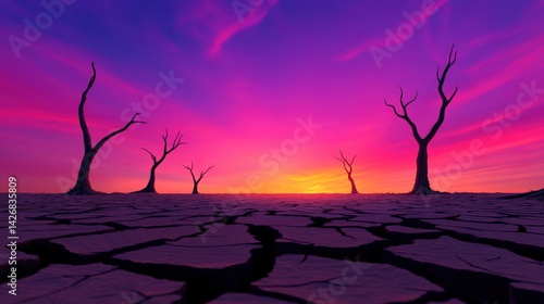 Obraz na płótnie Vibrant hues of purple and pink paint the sky as the sun sets over a dry, cracked desert floor. Silhouetted trees stand against the stunning backdrop, creating a striking contrast w salonie