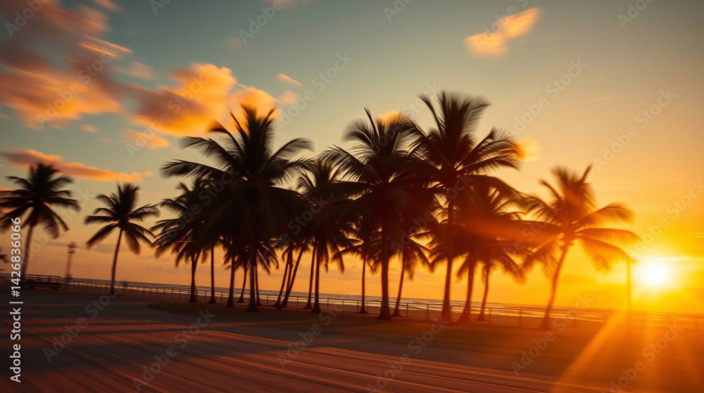 Dynamic action shot of palm trees silhouetted against a sunset beach. Cast bronze surface with vibrant colors, blurred lines, lens flares and light streaks, highlighting movement.jpg Dynamic action shot of palm trees silhouetted against a sunset beach. Cast bronze surface with vibrant colors, blurred lines, lens flares and light streaks, highlighting movement.jpg
