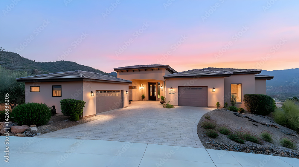 Fototapeta premium Modern House Exterior At Sunset With Mountain View