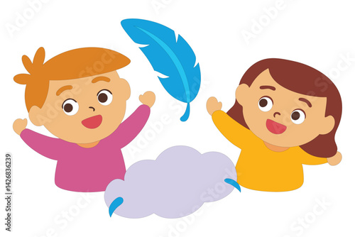Vector Art – Kids Having Pillow Fight in Cozy Bedroom with Feathers and Playful Expressions