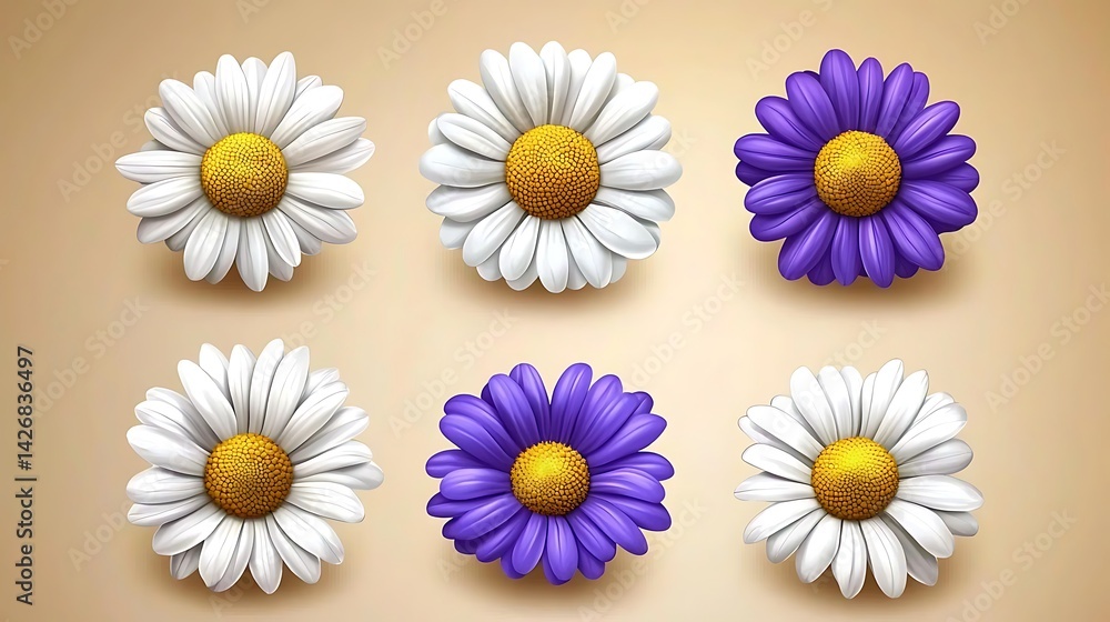 Six realistic daisies, three white and three purple, shown from slightly different angles Six realistic daisies, three white and three purple, shown from slightly different angles