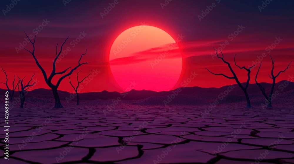 A breathtaking sunset illuminates a parched desert landscape, with deep red hues filling the sky. Silhouettes of barren trees stand stark against the horizon, emphasizing the arid environment