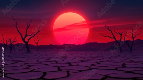 Obraz na płótnie A breathtaking sunset illuminates a parched desert landscape, with deep red hues filling the sky. Silhouettes of barren trees stand stark against the horizon, emphasizing the arid environment w salonie