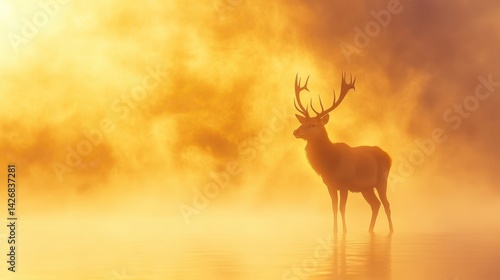 A majestic red deer stands gracefully in a foggy landscape at sunrise.