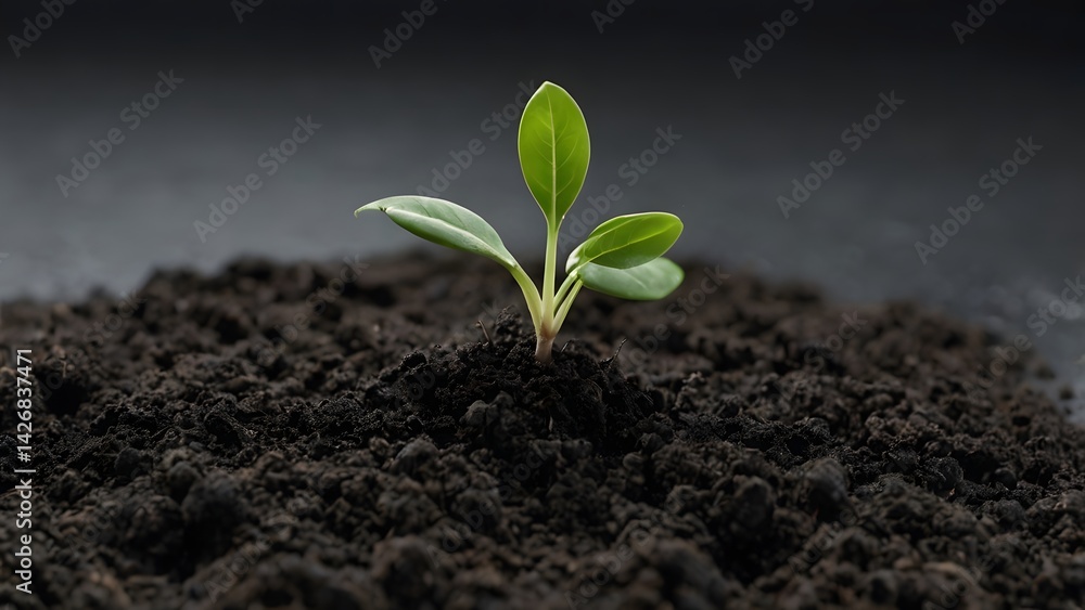 Young Green Seedling Emerging from Dark Brown Soil at Sunrise Young Green Seedling Emerging from Dark Brown Soil at Sunrise