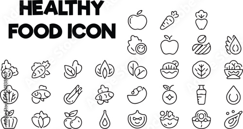 Healthy Food set of web icons in line style. Nutrition linear icon collection. Containing salad, fish, fruit, vegetables, water, protein, vitamins, healthy fats, carbohydrate and more.