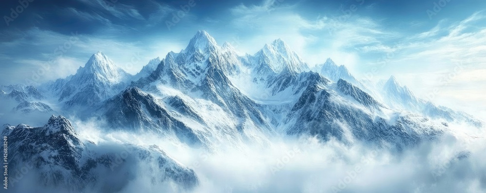 Snowcapped Mountain Peaks Above Clouds Under Blue Sky Snowcapped Mountain Peaks Above Clouds Under Blue Sky