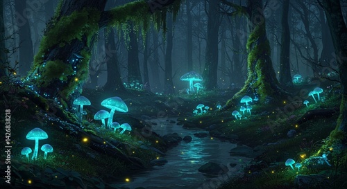 Bioluminescent Forest Stream at Night