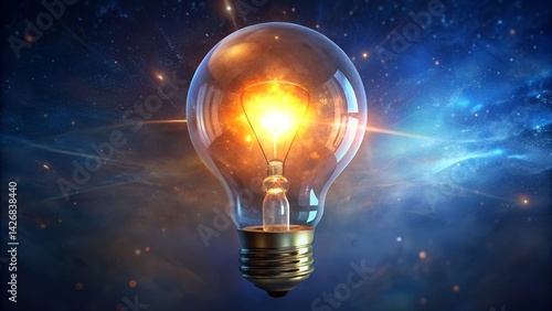 On a dark backdrop, a glowing electric light bulb illuminates with bright energy, symbolizing an idea or innovation