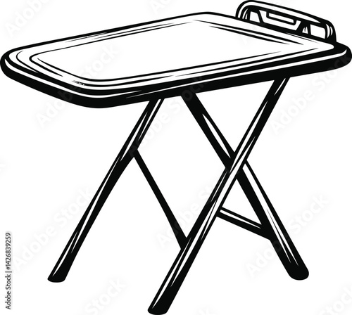 folding table illustration, portable rectangular table vector, black white X-shaped legs design, lightweight compact furniture
