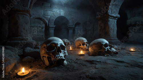 Ancient crypt featuring skulls and candles with eerie atmospheric lighting for horror theme