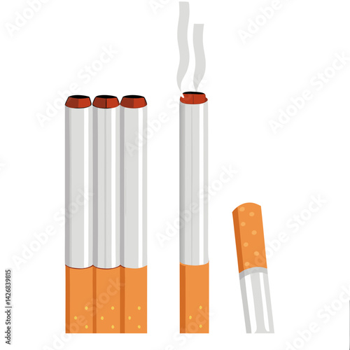 Cigarettes Smoking Cartoon Illustration With Smoke And Butt On White Background