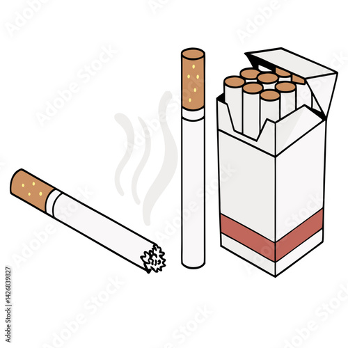 Cigarette Pack With Smoking Cigarette And Smoke Illustration On Isolated White Background