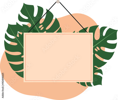 Tropical green monstera leaves with hanging blank signboard and peach background vector illustration 