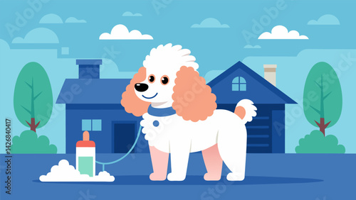 A cheerful and pampered poodle is being groomed in the comfort of its owners driveway using a mobile grooming tool for a quick touchup.. Vector illustration