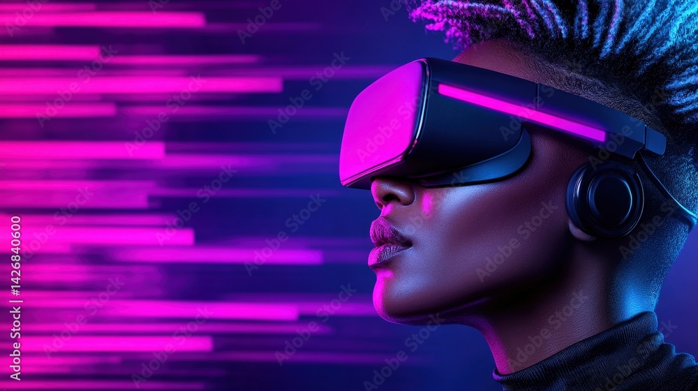 A person wears a virtual reality headset, immersed in a digital world, surrounded by vibrant purple and pink light effects, showcasing futuristic technology