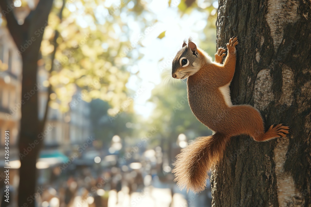Fototapeta premium Squirrel climbing a tree in sunlight.