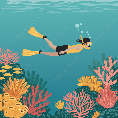 Scuba Diver Exploring Colorful Coral Reef Underwater Marine Life Scene Vector Illustration 