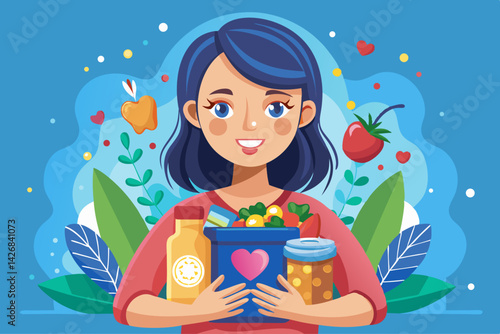 vector of Beautiful hands and face of a girl with a gift box with canned goods for donation.