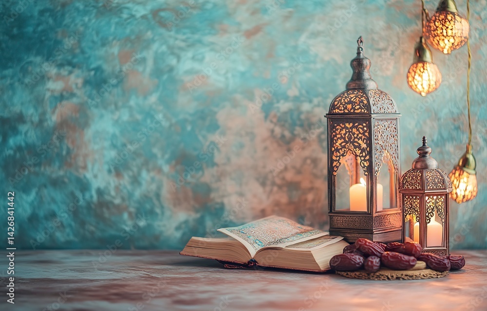Fototapeta premium Ramadan background, soft pastel colors, with Arabic lanterns, Quran, and dates, copy space for text in studio style, raw.