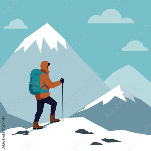 Mountaineer hiking on snowy mountain landscape with backpack and trekking pole vector illustration 