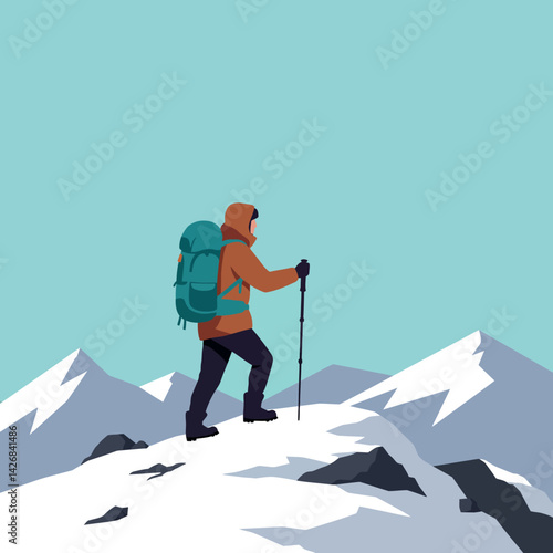 Mountain climber hiking snowy peak with trekking poles outdoor adventure vector illustration 