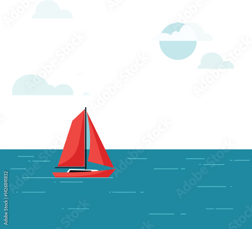 Sailboat with red sails on calm blue sea under cloudy sky vector illustration 