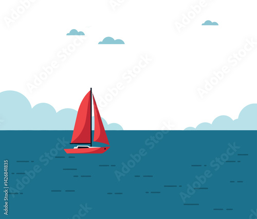 Red sailboat on calm blue sea under light blue sky with clouds vector illustration 