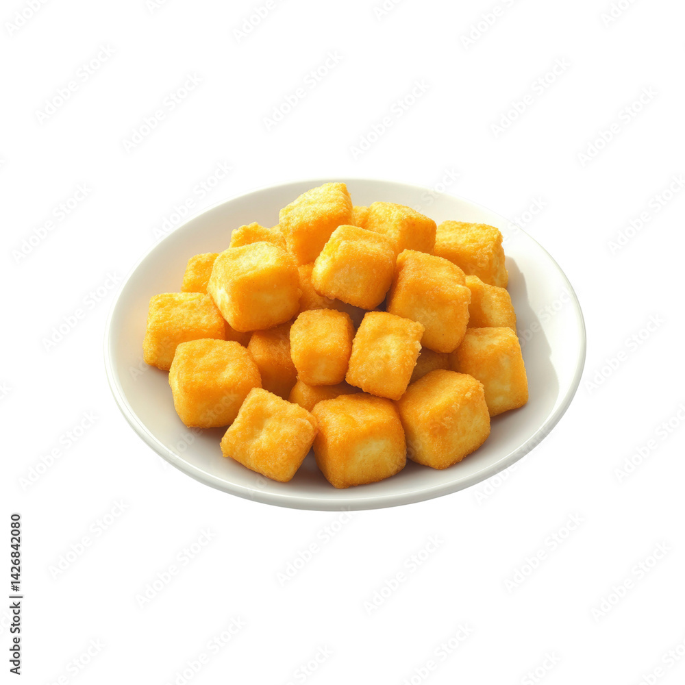 Crispy Fried Tofu Cubes on a White Plate Crispy Fried Tofu Cubes on a White Plate