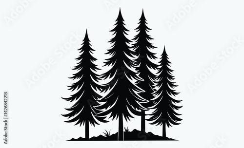 Fir trees silhouette, Coniferous spruce horizontal background patterns, black evergreen woods vector illustration. Beautiful hand drawn panorama with treetops forest.