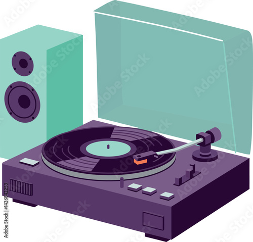 Vintage Record Player with Speaker Illustration in Purple and Mint Green Vector Image 