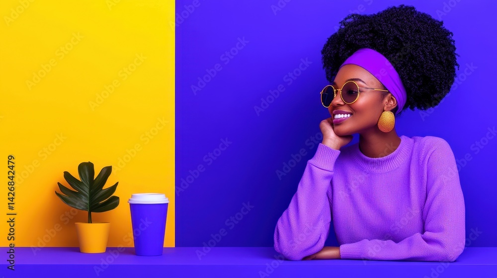 A fashionable woman with curly hair sits at a bright table, smiling while resting her chin on her hand. The background features vibrant yellow and blue colors, creating an energetic atmosphere